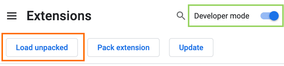 Chrome extensions page — Developer mode toggle highlighted