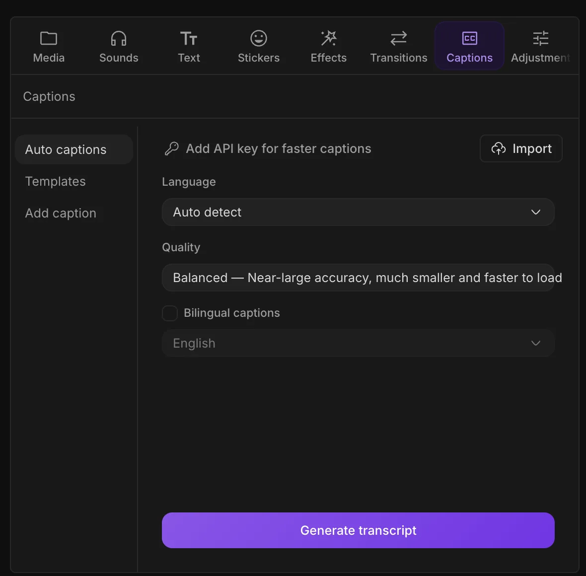 Auto captions panel