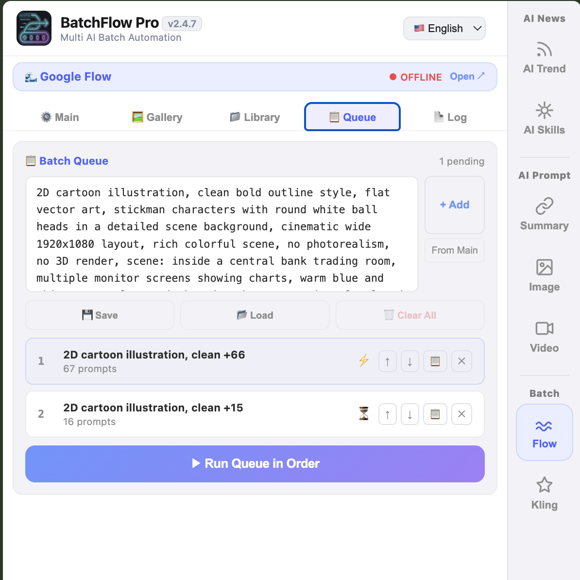 Batch Queue with 67+16 prompts ready to run