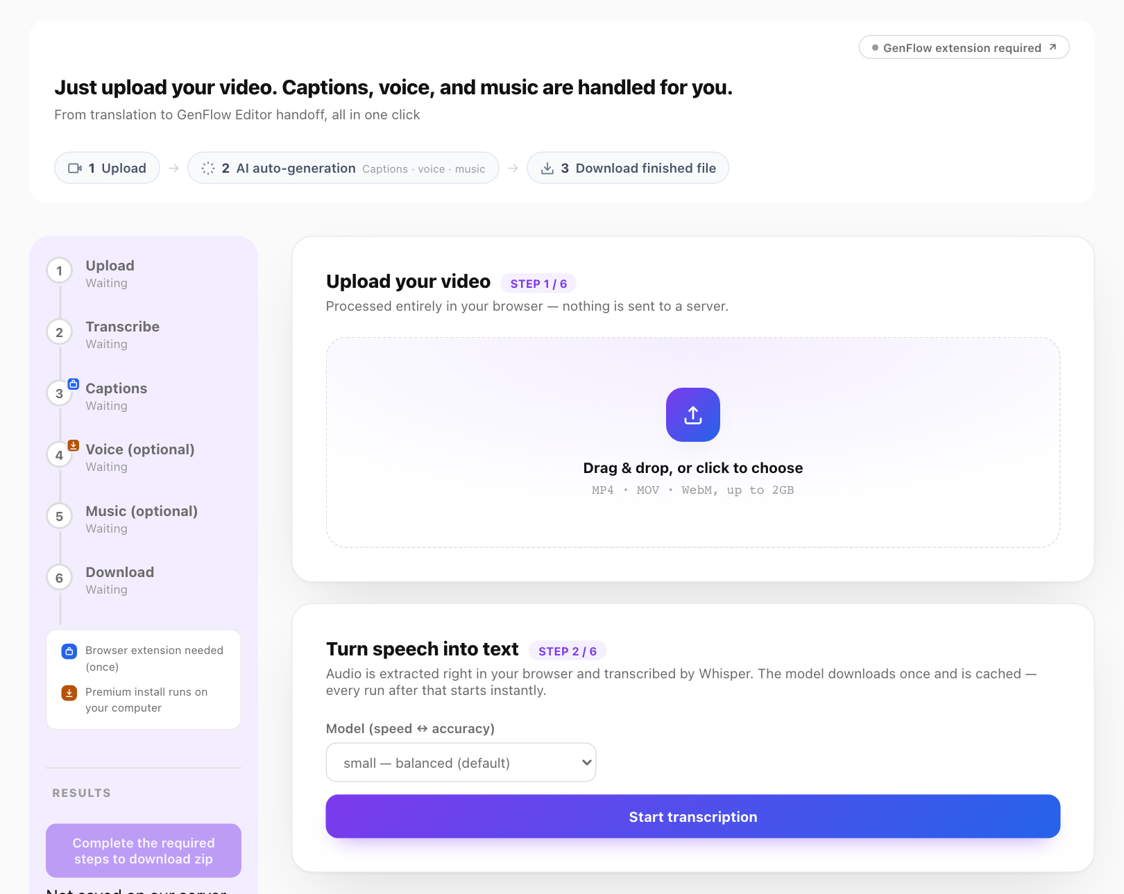 GenFlow Dubbing — upload a video and get multilingual captions, narration, and BGM automatically