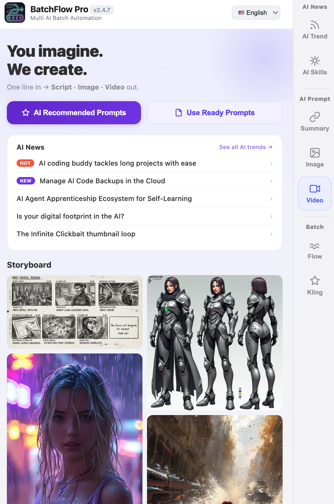 GenFlow launcher with AI News, Prompt, and Batch sections